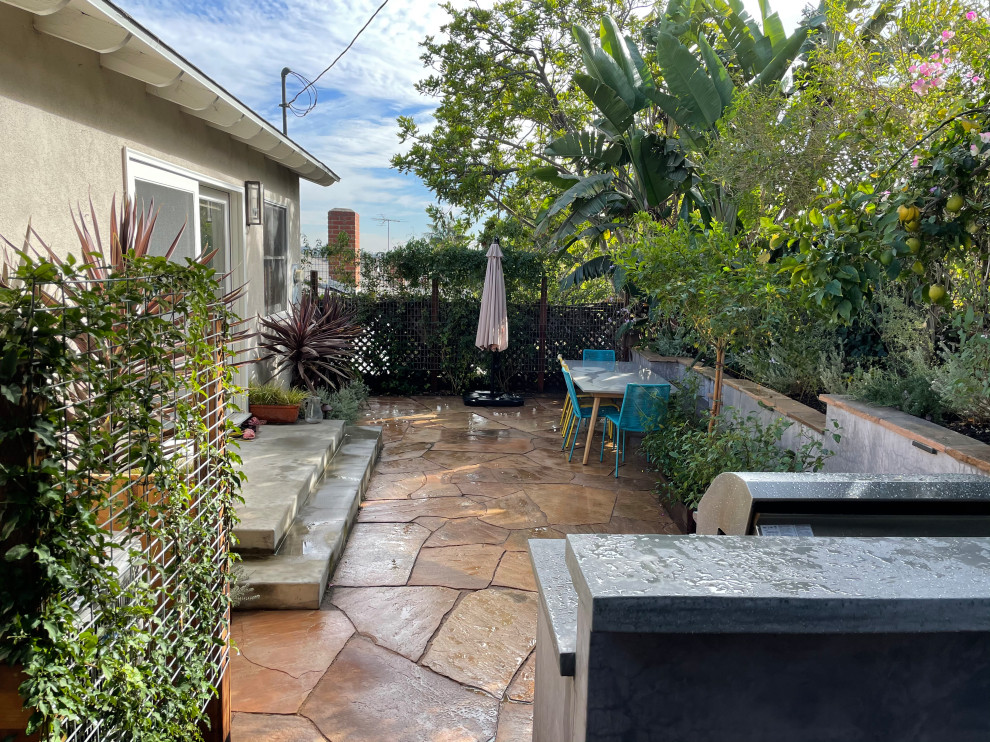 Esempio di un piccolo giardino xeriscape minimal esposto a mezz'ombra dietro casa in primavera con un focolare, pavimentazioni in pietra naturale e recinzione in metallo