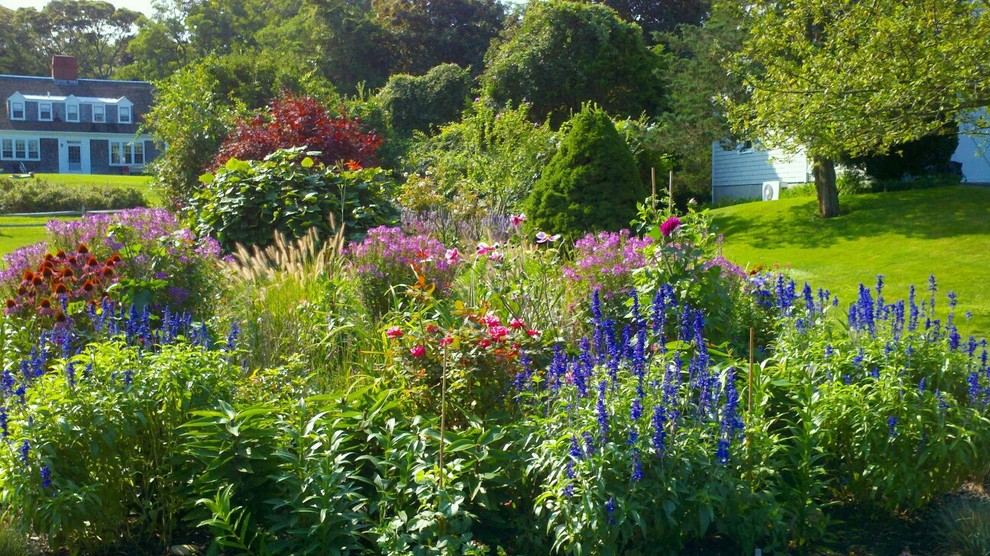 Стильный дизайн: большой участок и сад на переднем дворе в классическом стиле с растениями в контейнерах и мульчированием - последний тренд