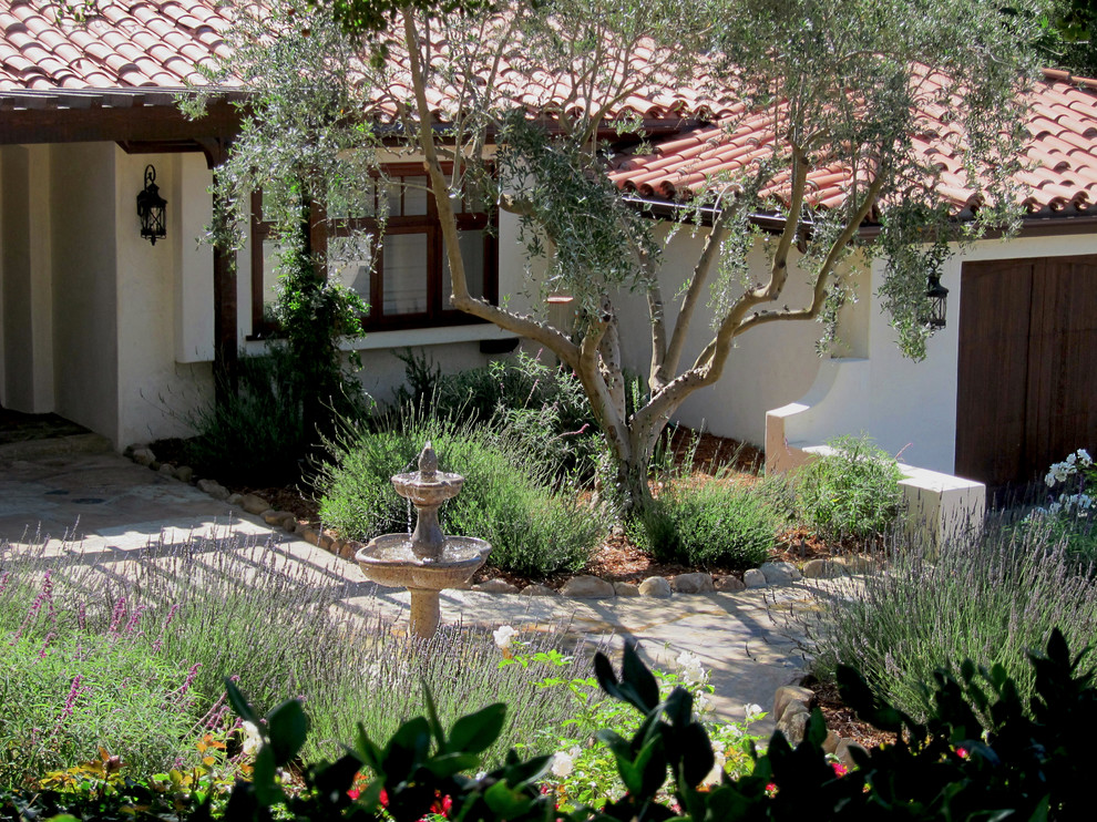 Modelo de camino de jardín de secano mediterráneo de tamaño medio en verano en patio delantero con exposición total al sol y adoquines de piedra natural