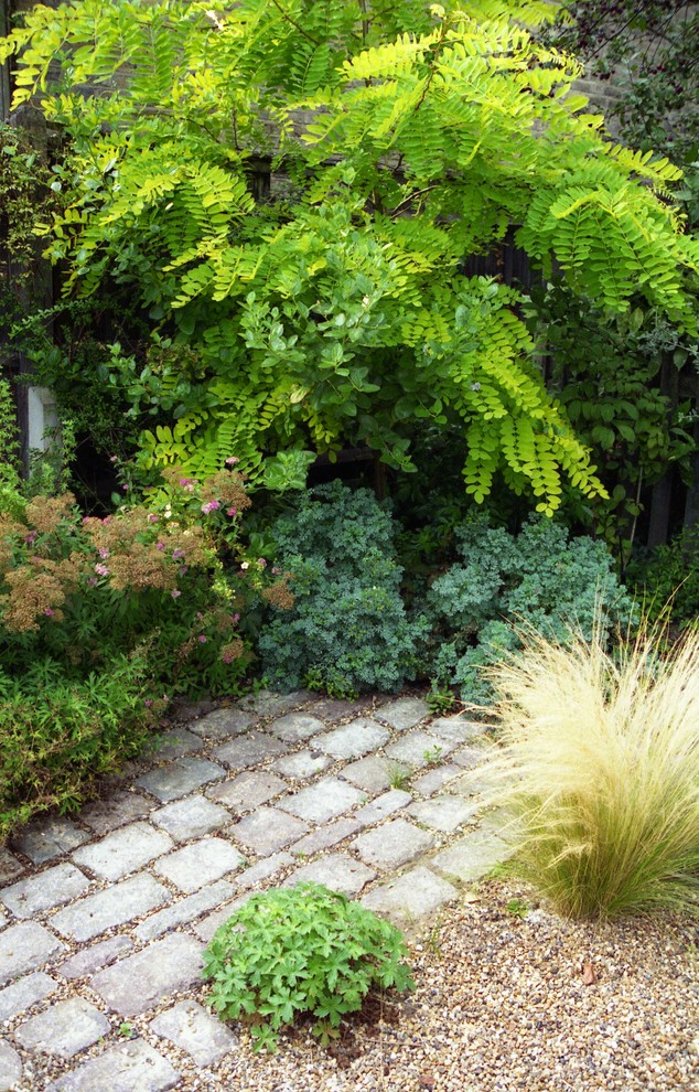 Ejemplo de jardín de secano mediterráneo pequeño en patio trasero con exposición total al sol y adoquines de piedra natural