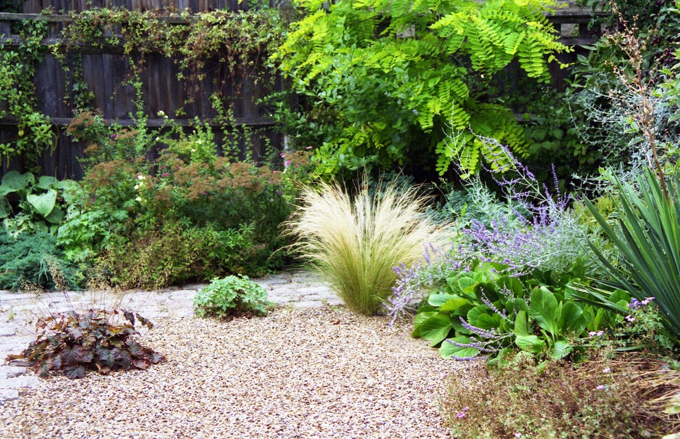 Пример оригинального дизайна: маленький солнечный засухоустойчивый сад на заднем дворе в средиземноморском стиле с хорошей освещенностью и покрытием из каменной брусчатки для на участке и в саду