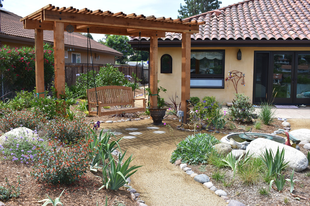 This is an example of a large rustic back xeriscape full sun garden in San Diego with a water feature and gravel.