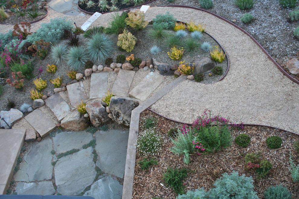 サンフランシスコにある広いコンテンポラリースタイルのおしゃれな庭 (ゼリスケープ、傾斜地、砂利舗装、日陰、階段) の写真