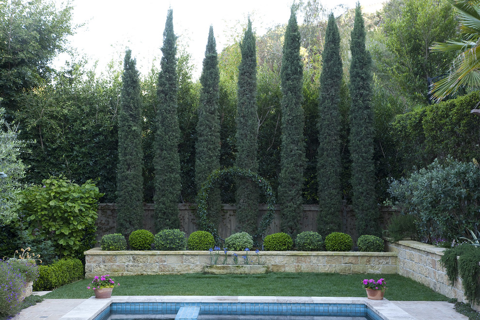 Ispirazione per un giardino formale mediterraneo esposto in pieno sole di medie dimensioni e dietro casa con fontane e pavimentazioni in pietra naturale