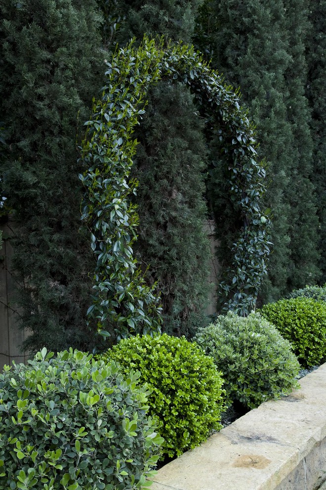 Design ideas for a mid-sized mediterranean full sun backyard stone formal garden in Los Angeles.