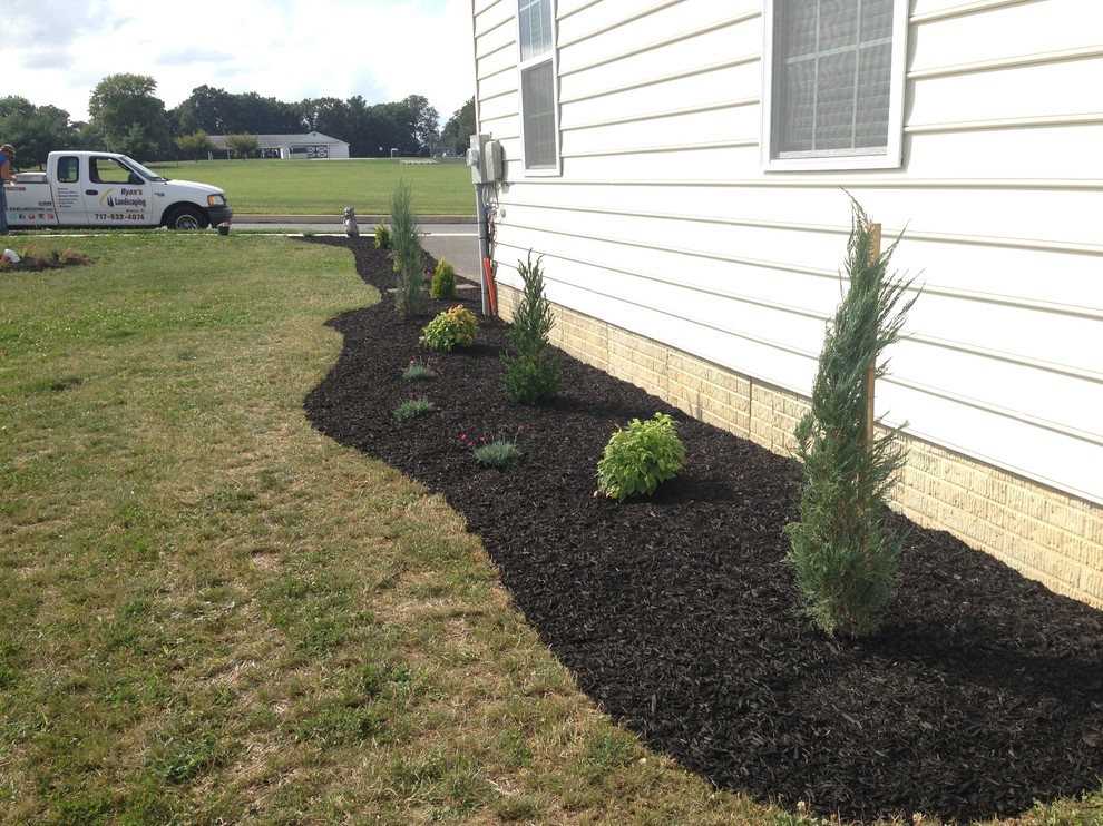 Photo of a medium sized classic front formal full sun garden for summer in Other with mulch.