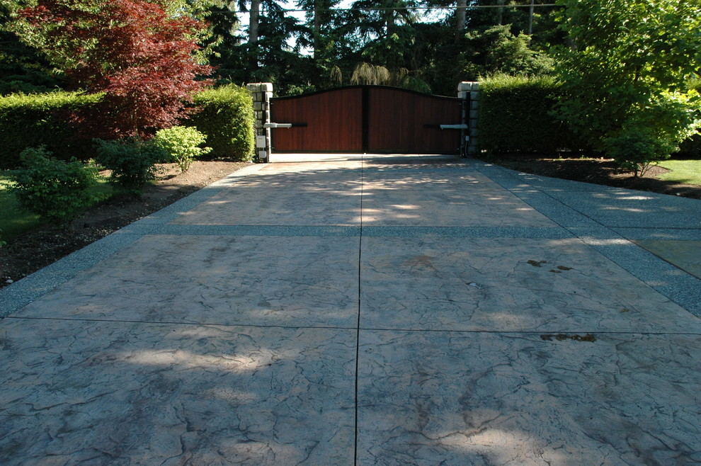 Пример оригинального дизайна: большой участок и сад на переднем дворе в классическом стиле с подъездной дорогой, полуденной тенью и мощением тротуарной плиткой