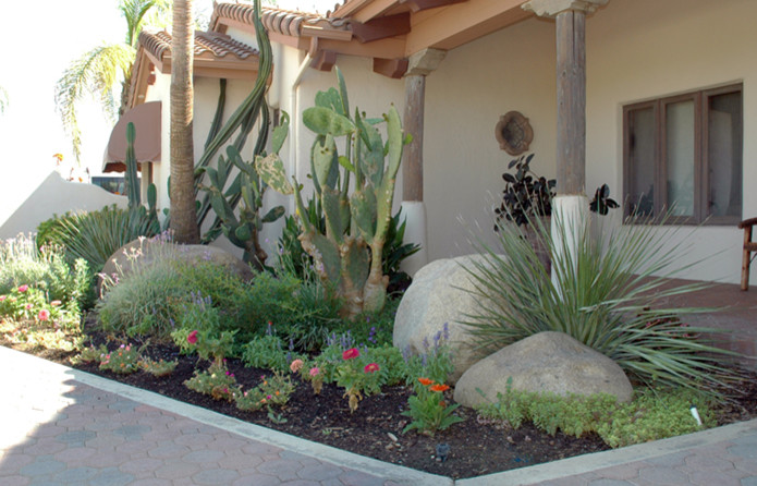 Foto di un giardino xeriscape stile americano esposto a mezz'ombra di medie dimensioni e davanti casa in estate con un ingresso o sentiero e pavimentazioni in cemento