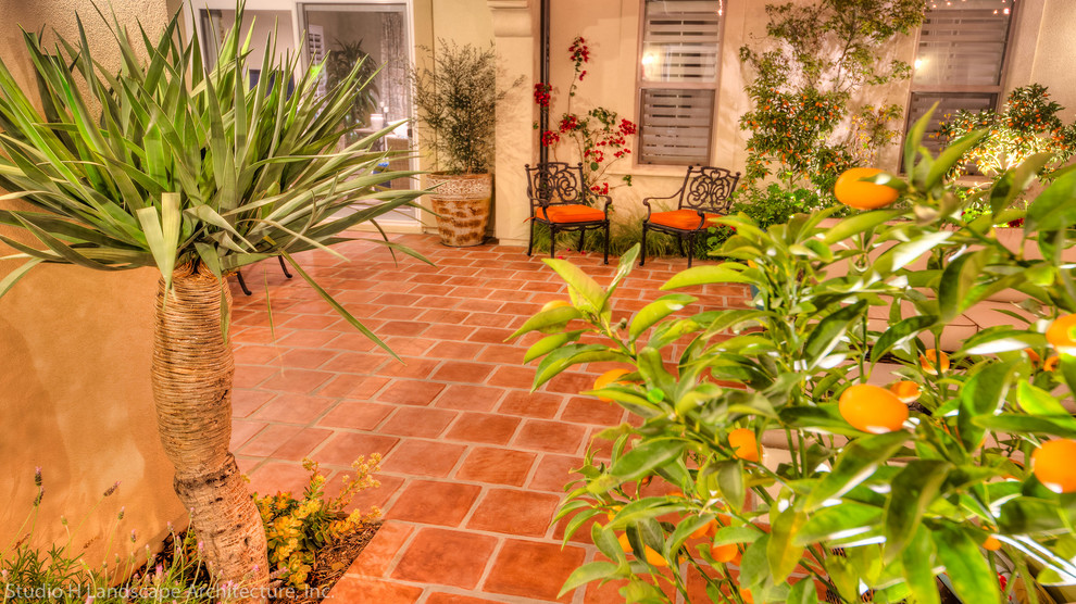 Источник вдохновения для домашнего уюта: засухоустойчивый сад среднего размера на внутреннем дворе в средиземноморском стиле с местом для костра, полуденной тенью и мощением тротуарной плиткой