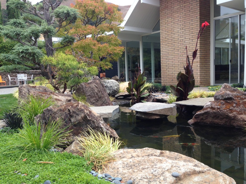 Diseño de jardín de estilo zen grande en patio trasero con estanque, exposición total al sol y adoquines de piedra natural
