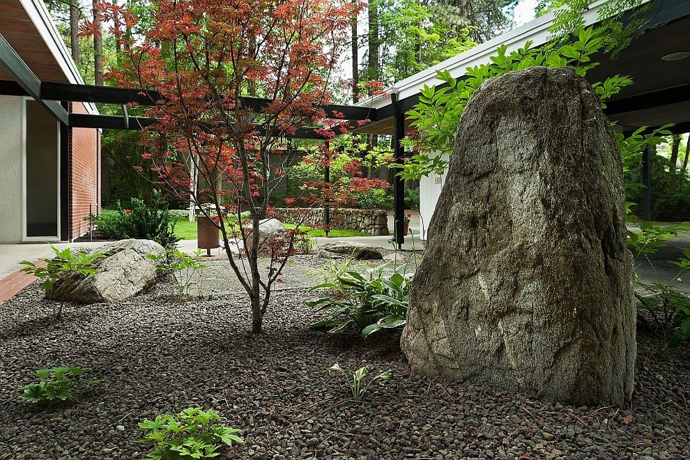 This is an example of a mid-century modern shade landscaping in Other for fall.
