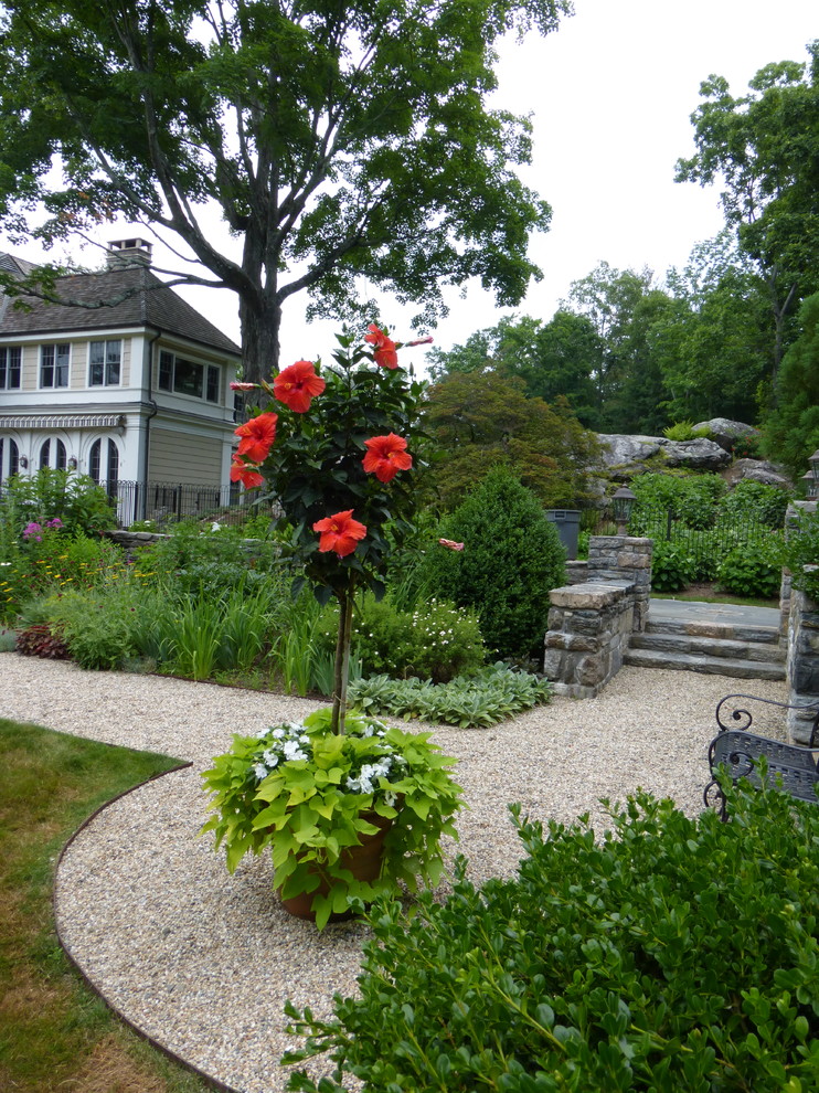 Immagine di un grande giardino formale tradizionale esposto in pieno sole dietro casa in estate con un giardino in vaso