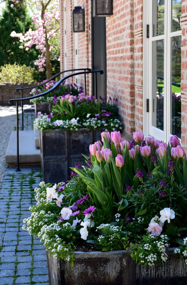 Пример оригинального дизайна: большой весенний участок и сад на переднем дворе в классическом стиле с растениями в контейнерах, полуденной тенью и покрытием из каменной брусчатки