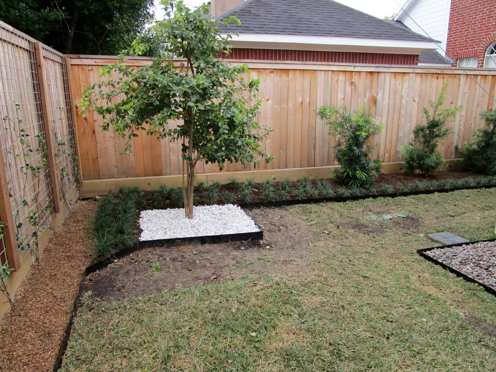 Cette image montre un jardin arrière minimaliste de taille moyenne et au printemps avec une exposition ensoleillée et du gravier.