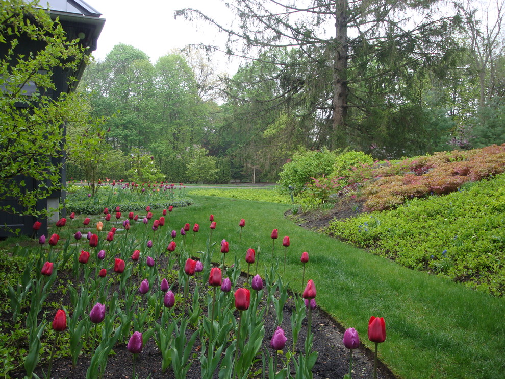 Cette image montre un jardin avant traditionnel de taille moyenne avec une exposition ensoleillée et des pavés en pierre naturelle.
