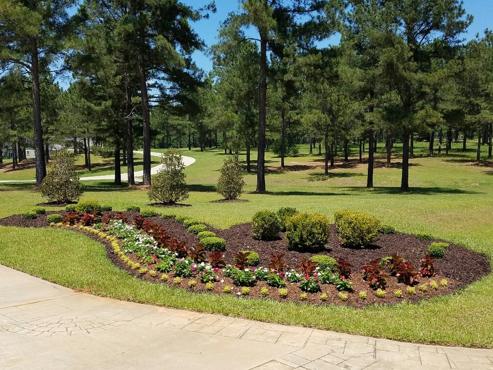This is an example of a huge traditional full sun front yard mulch driveway in Atlanta for spring.