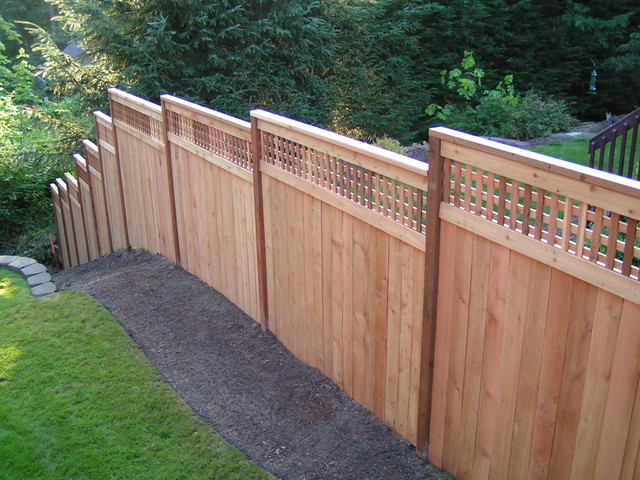 Cedar gate with square lattice topper - Lions Fence