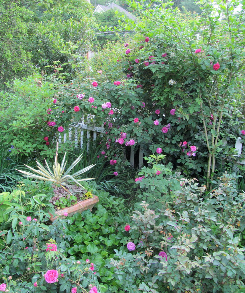 На фото: участок и сад на заднем дворе в викторианском стиле с покрытием из гравия