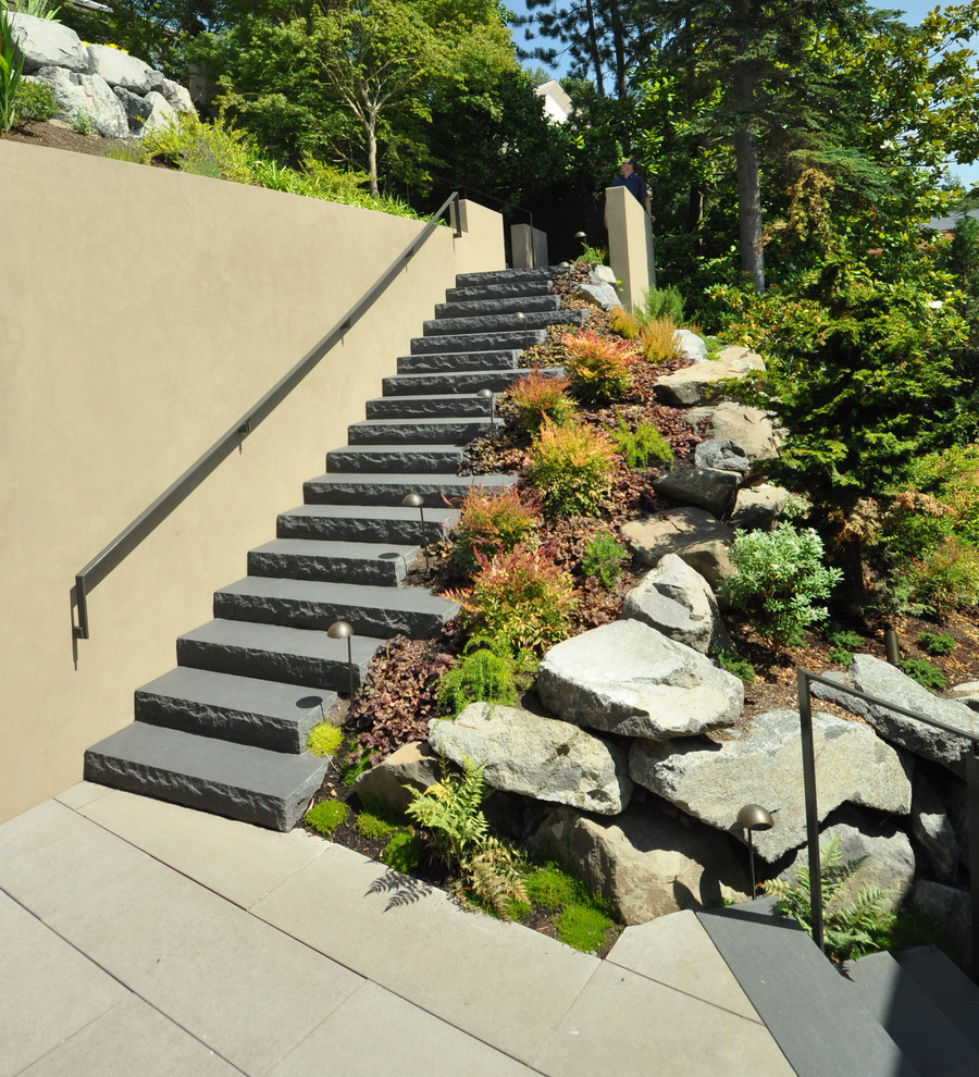 Foto di un giardino design con un pendio, una collina o una riva, pavimentazioni in pietra naturale e scale