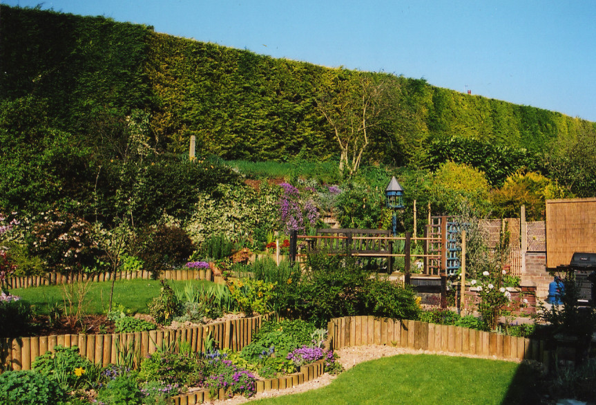 Idées déco pour un jardin arrière campagne de taille moyenne et l'été avec un mur de soutènement, une exposition ensoleillée et des pavés en béton.