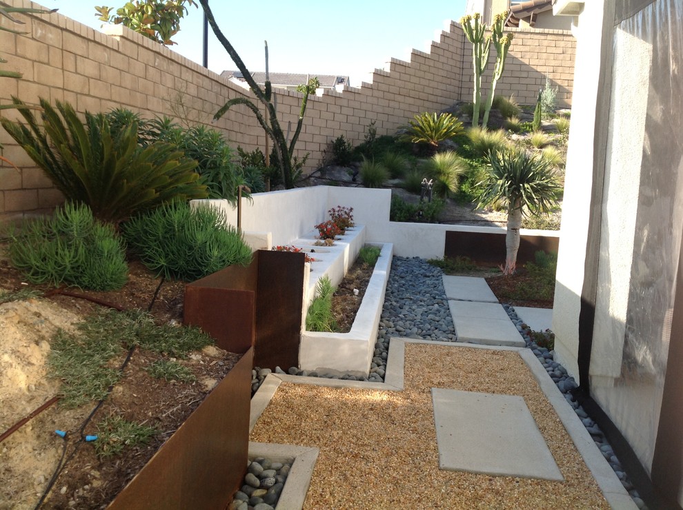 Foto di un grande giardino xeriscape minimalista esposto a mezz'ombra dietro casa in estate con un giardino in vaso e pavimentazioni in cemento