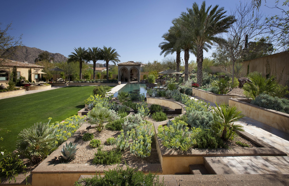 Design ideas for a mediterranean garden in Phoenix with a retaining wall.