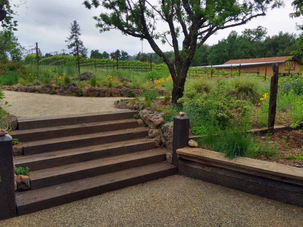 Design ideas for a rustic sloped garden in Sacramento.