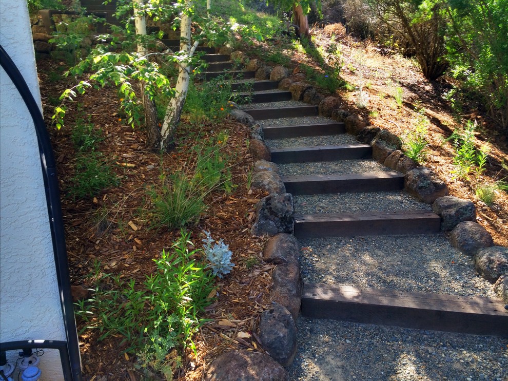 Rustic sloped garden in Sacramento.