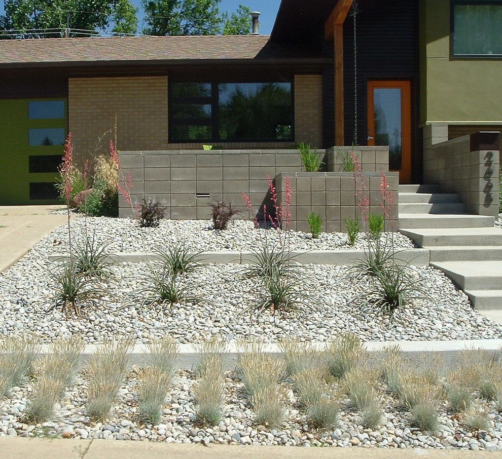 Идея дизайна: солнечный засухоустойчивый сад на переднем дворе в современном стиле с подпорной стенкой и хорошей освещенностью