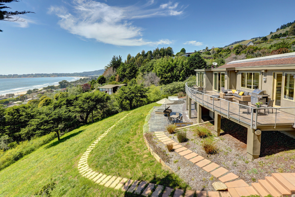 Großer Moderner Garten hinter dem Haus mit direkter Sonneneinstrahlung in San Francisco