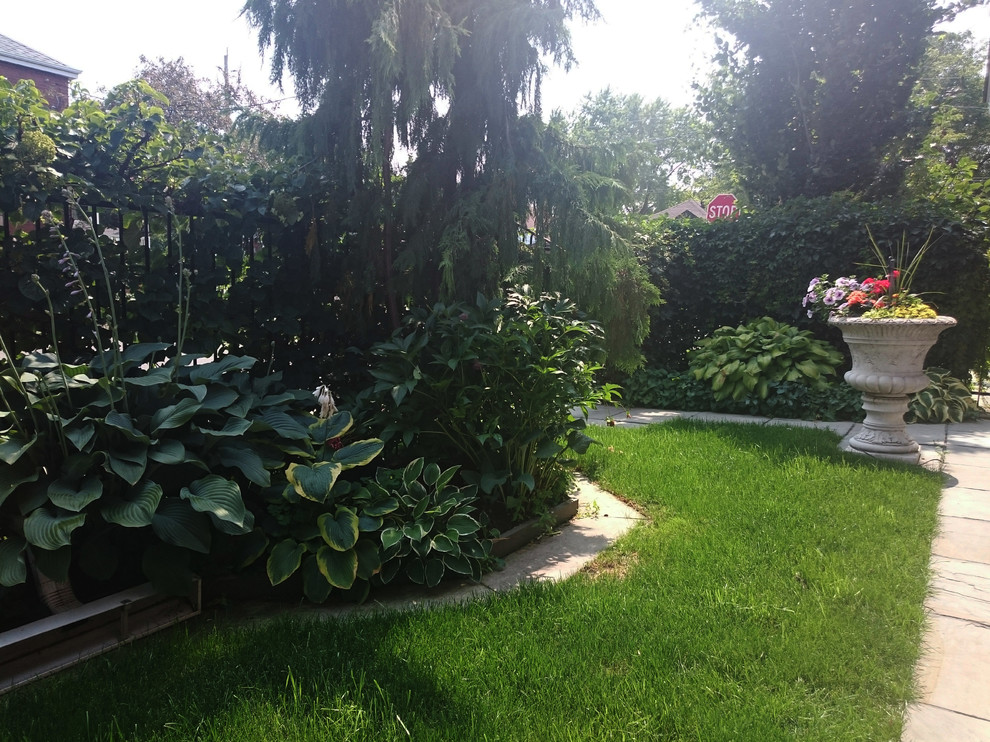 Ejemplo de jardín clásico renovado de tamaño medio en patio lateral con exposición parcial al sol