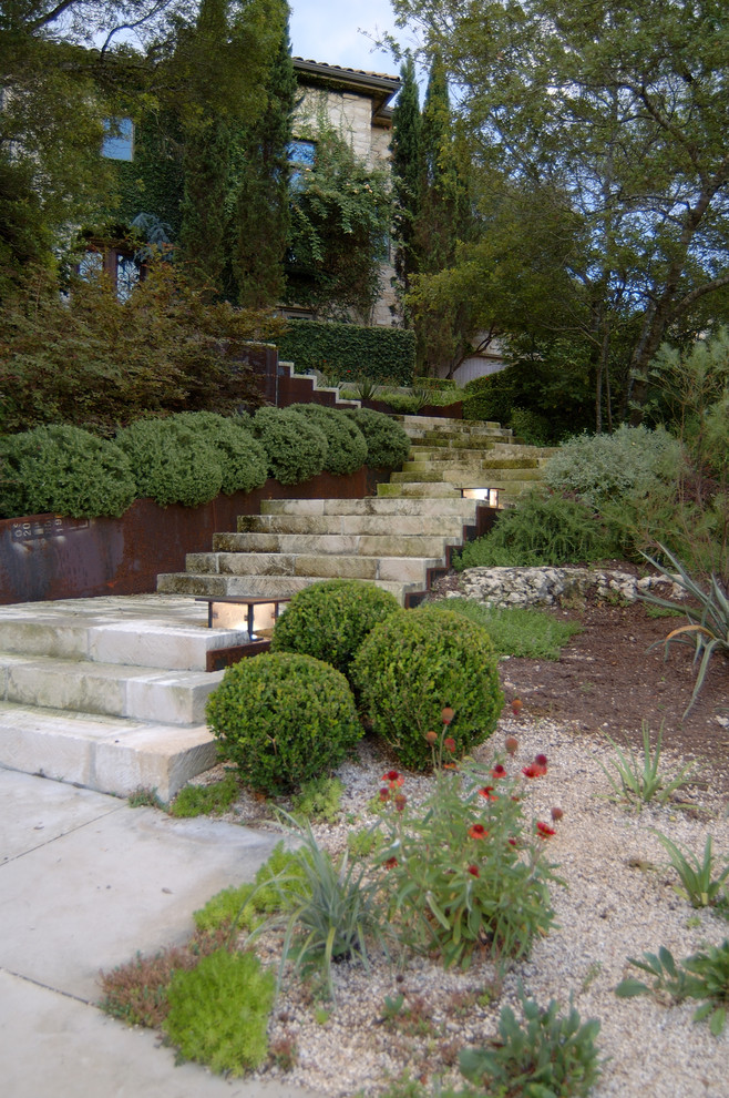 This is an example of a classic sloped garden in Austin with a living wall and natural stone paving.