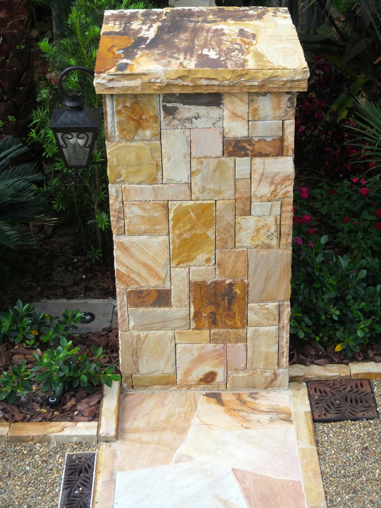 Stone pillar detail South Florida Front Yard Contemporary Landscape