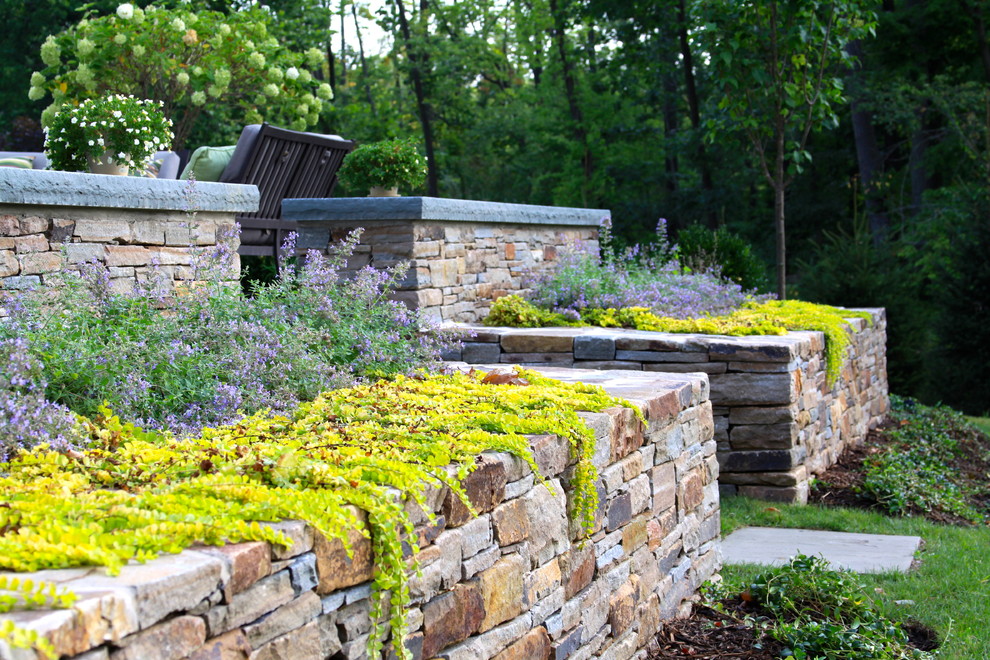 Immagine di un giardino formale tradizionale esposto a mezz'ombra di medie dimensioni e dietro casa in estate con un muro di contenimento e pavimentazioni in pietra naturale