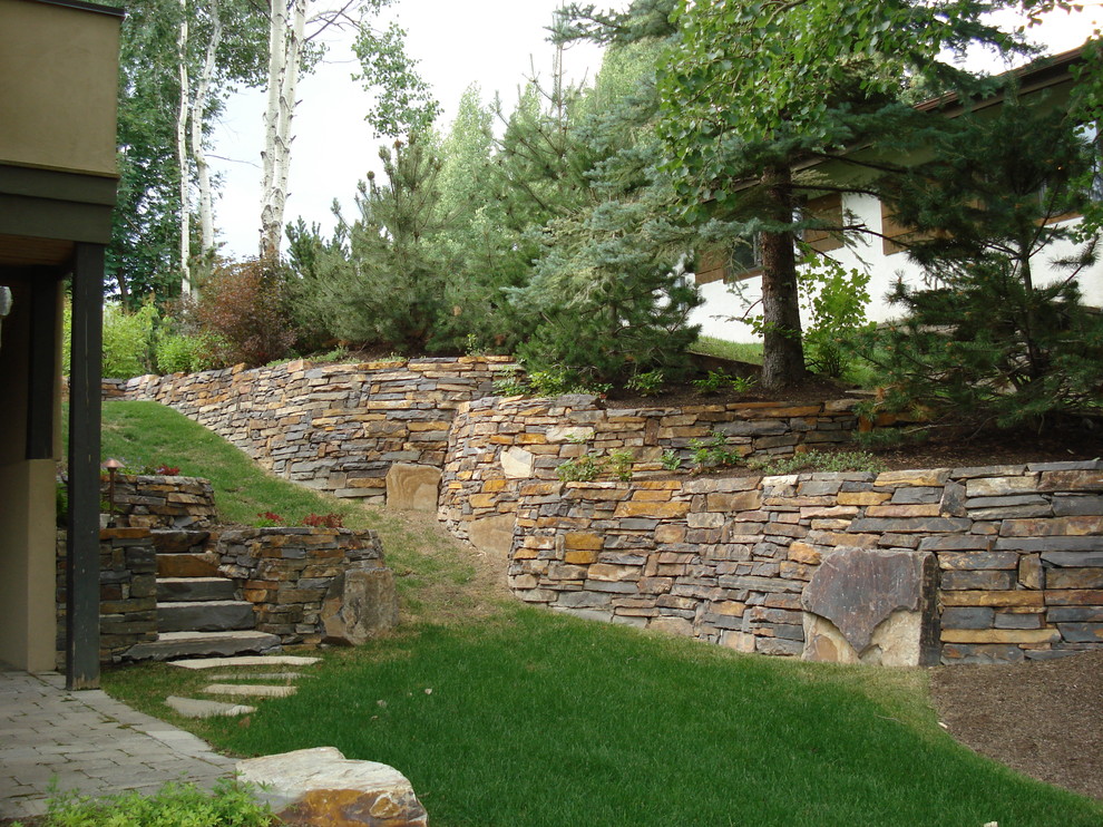 Пример оригинального дизайна: весенний регулярный сад среднего размера на заднем дворе в классическом стиле с подпорной стенкой, полуденной тенью и покрытием из каменной брусчатки