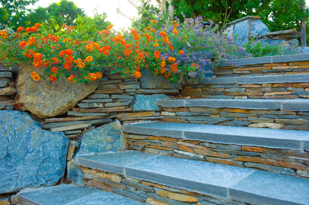 Diseño de jardín de secano extra grande en verano en patio lateral con camino de entrada, exposición total al sol y adoquines de piedra natural