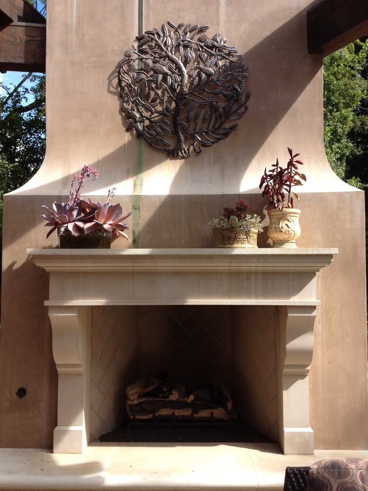 Stucco Fireplace w/ precast mantle - Mediterranean - Landscape - Los ...