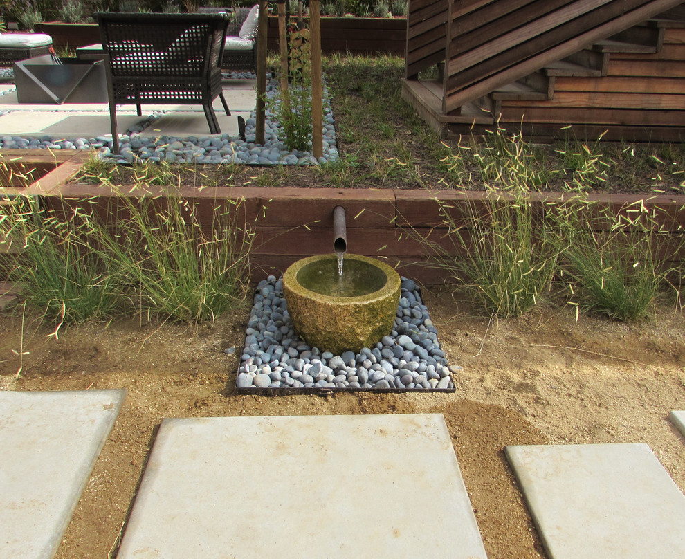 Esempio di un giardino xeriscape moderno esposto in pieno sole di medie dimensioni e dietro casa in primavera con fontane e pavimentazioni in cemento