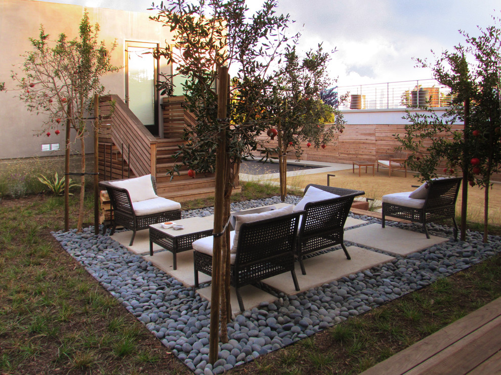 Foto de jardín de secano minimalista de tamaño medio en primavera en patio trasero con brasero, exposición total al sol y adoquines de hormigón