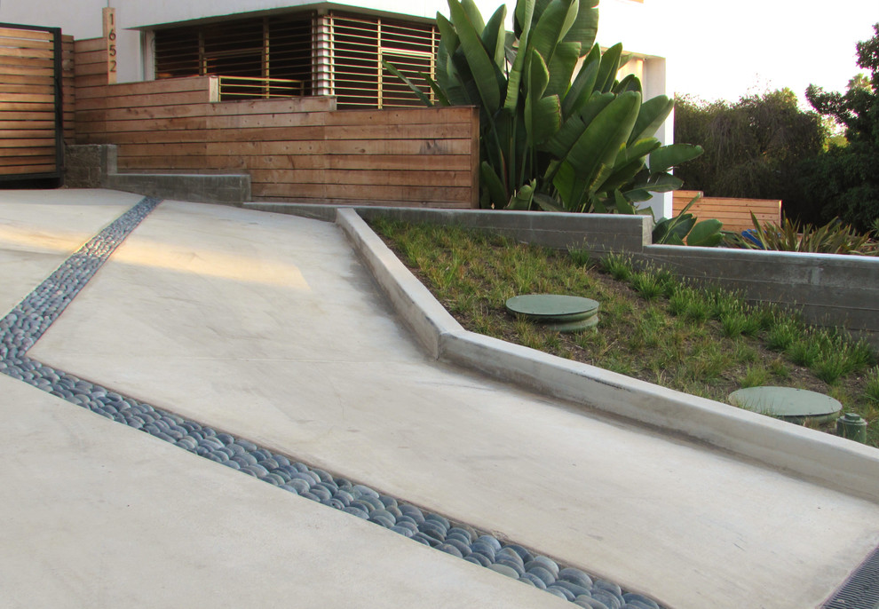 This is an example of a medium sized modern front xeriscape full sun garden for spring in Los Angeles with a garden path and concrete paving.