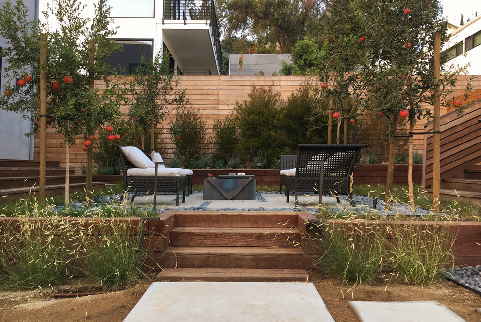 Diseño de jardín de secano moderno de tamaño medio en primavera en patio trasero con fuente, exposición total al sol y adoquines de hormigón