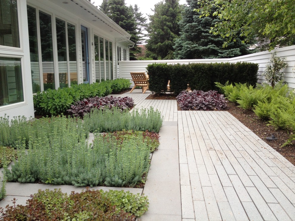 Modelo de jardín clásico de tamaño medio en patio trasero con exposición total al sol y adoquines de piedra natural