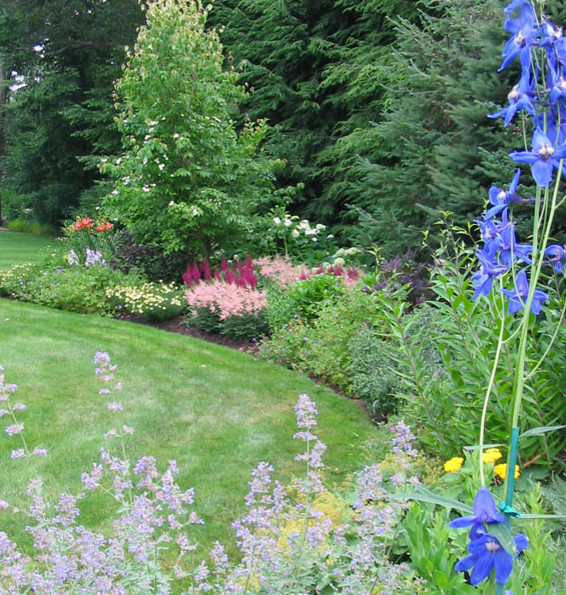 Exemple d'un jardin arrière chic de taille moyenne avec une exposition ensoleillée et des pavés en pierre naturelle.