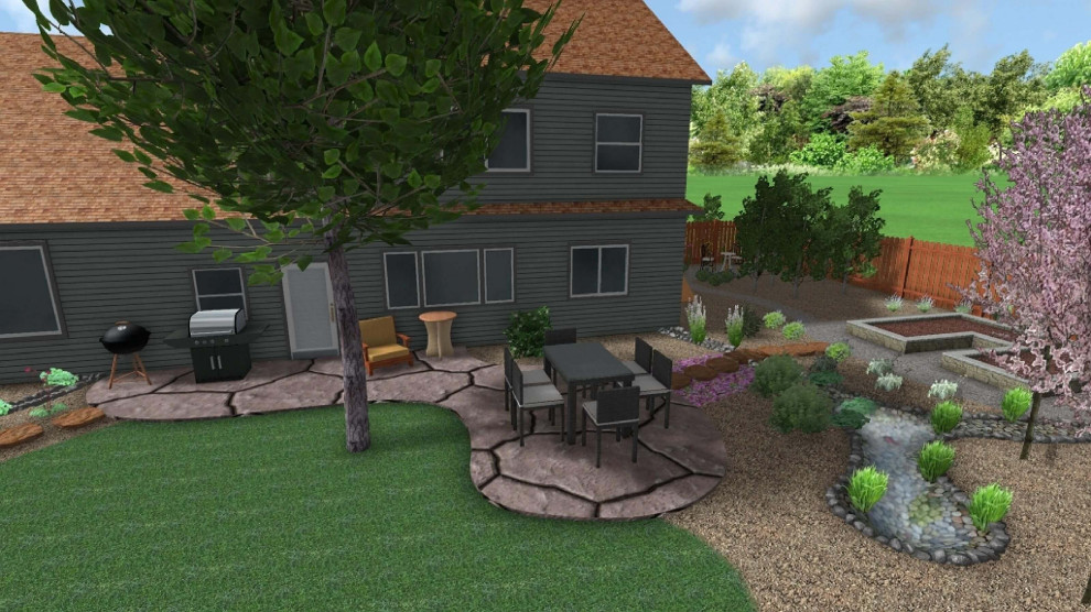Стильный дизайн: засухоустойчивый сад среднего размера на заднем дворе в стиле рустика с высокими грядками, полуденной тенью и покрытием из каменной брусчатки - последний тренд