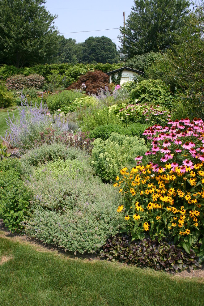 На фото: солнечный, летний участок и сад на заднем дворе в современном стиле с хорошей освещенностью
