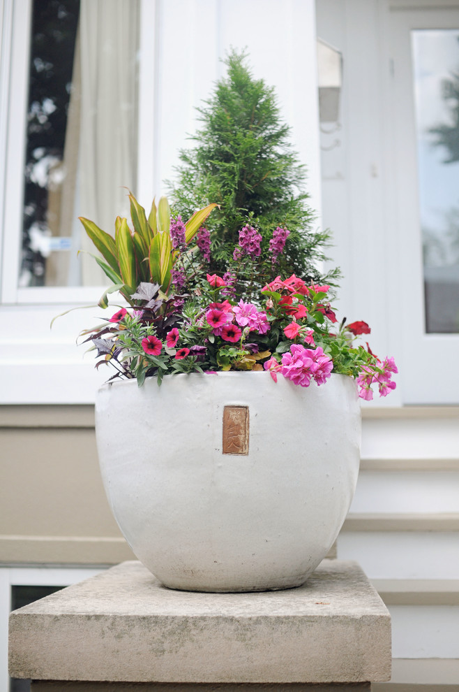 Idée de décoration pour un petit jardin en pots avant design l'été avec une exposition ensoleillée.