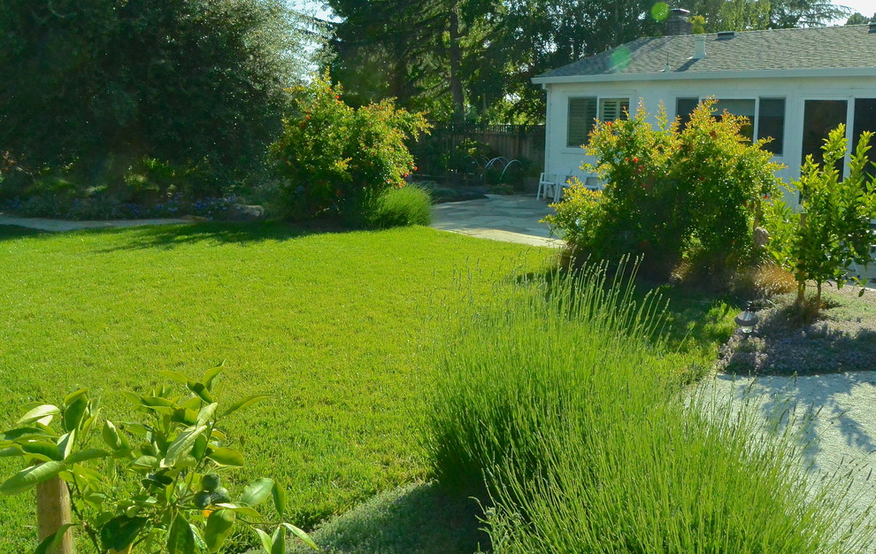 Стильный дизайн: участок и сад среднего размера на заднем дворе в классическом стиле с садовой дорожкой или калиткой и покрытием из каменной брусчатки - последний тренд