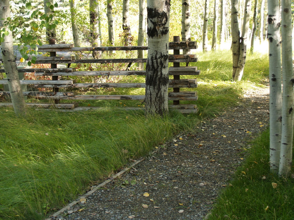 Exempel på en rustik bakgård, med grus