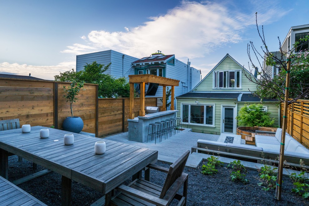 Photo of a small modern back xeriscape full sun garden in San Francisco with a fire feature and concrete paving.