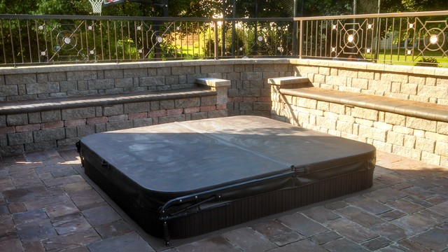 Sunken Hot Tub Paver Patio And Ornamental Fence Contemporary Garden Omaha By Omaha Turf Management Llc Houzz Ie